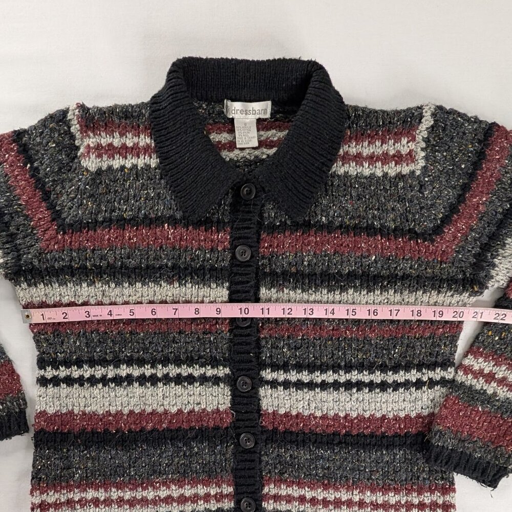 VTG Maroon Black Gray Stripe Chunky Knit Cotton Wool Button Up Collared Sweater - Picture 5 of 6